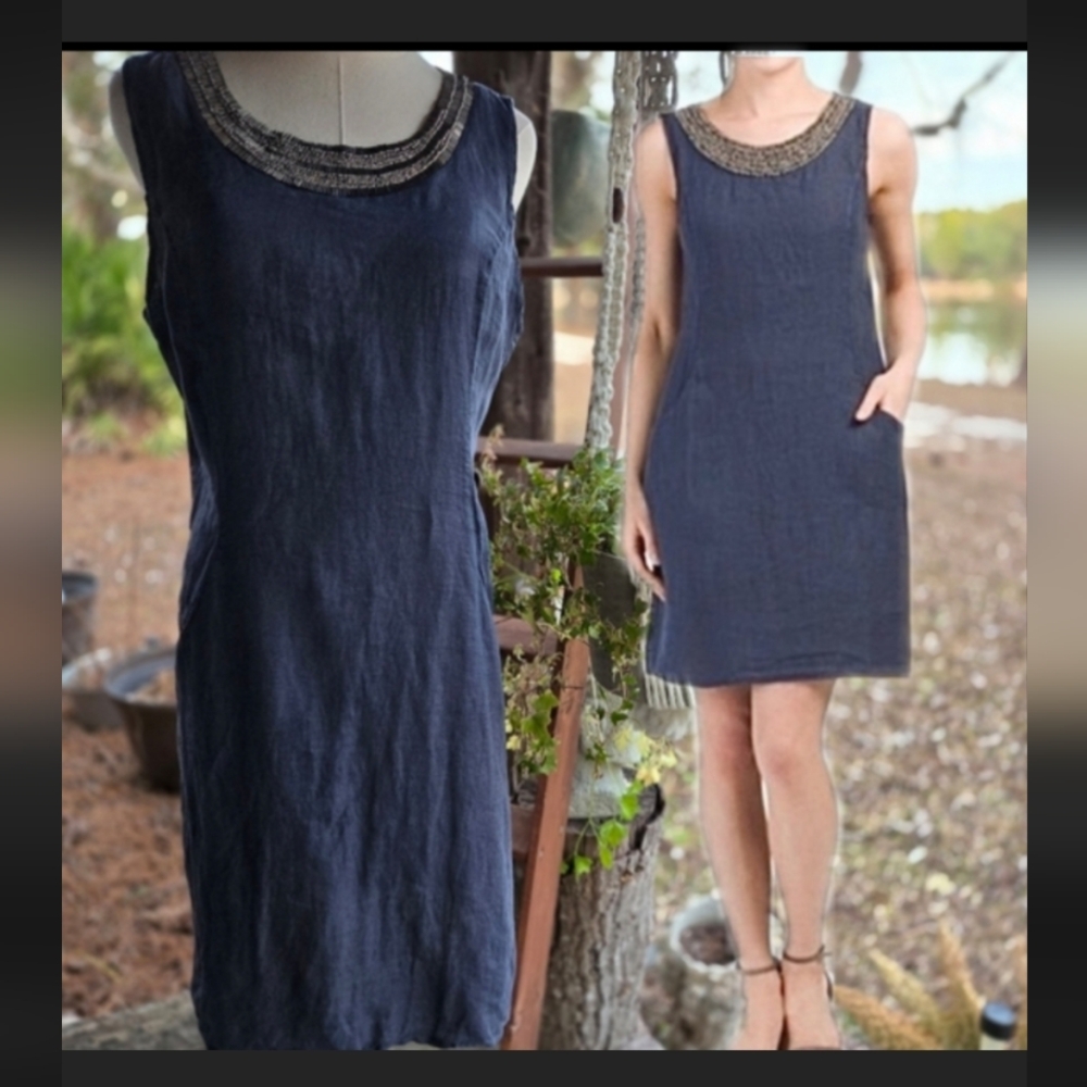Lina Tomei 100% Linen Navy Blue Silver Beaded Neckline Shift Dress Size Medium